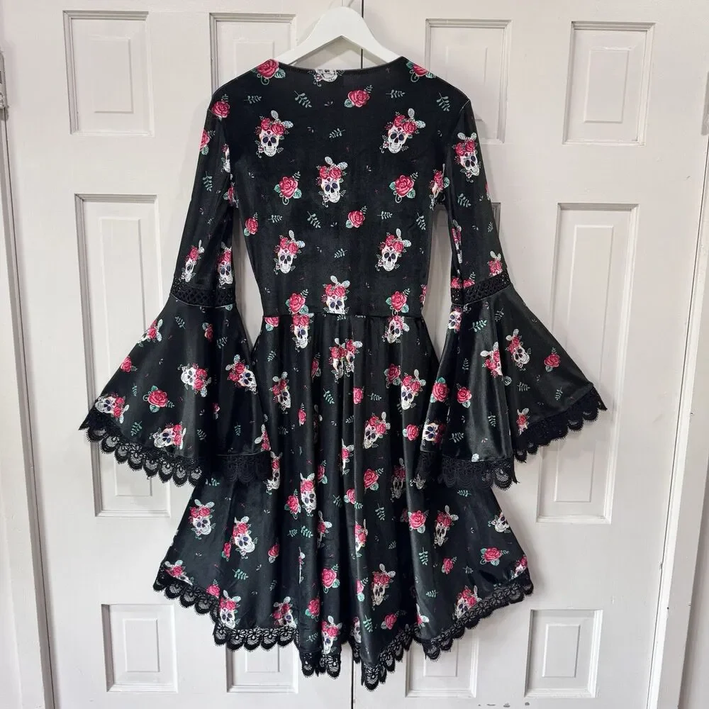 Gothic Black Velvet Sugar Skull Floral Lace Trim Dress Costume Goth Grunge Small - Picture 3 of 13